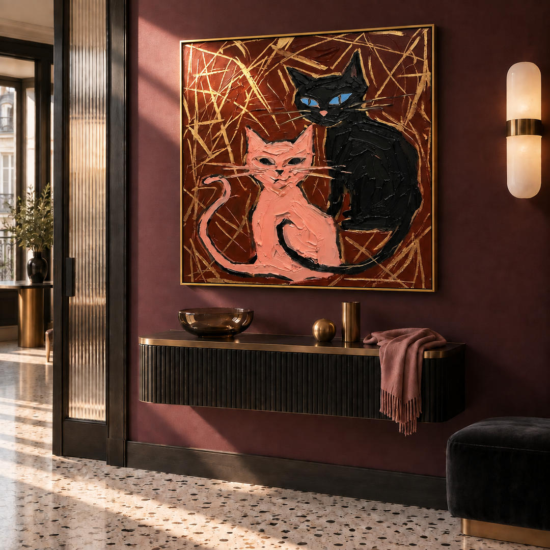 colorful graphic cat wall art in pink black and deep burgundy in a coordinated modern interior