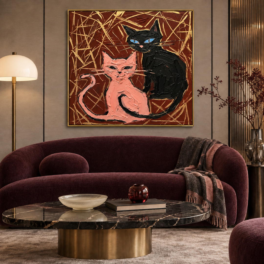 colorful graphic cat wall art in pink black and deep burgundy displayed in a styled living room