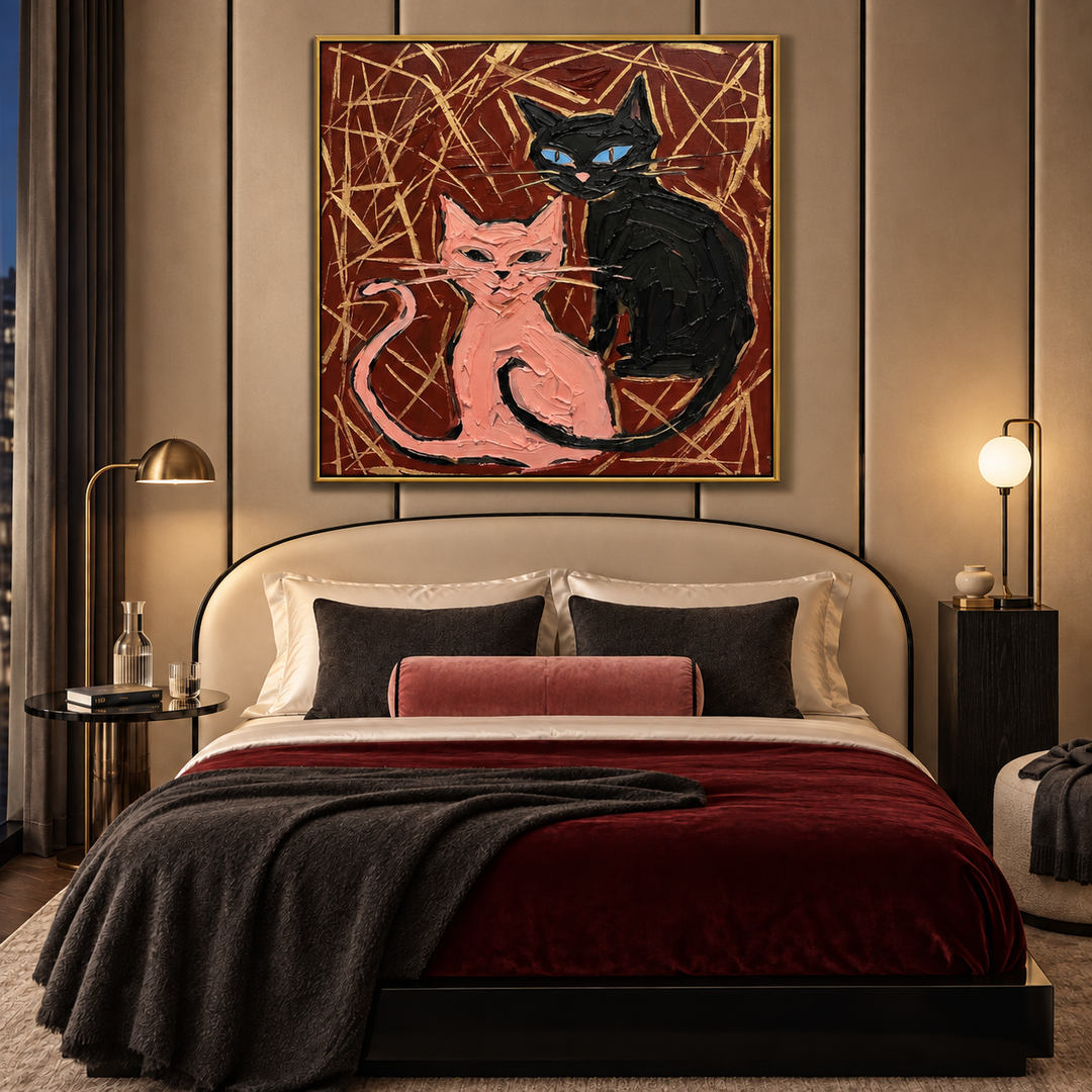 colorful graphic cat wall art in pink black and deep burgundy in a coordinated modern interior