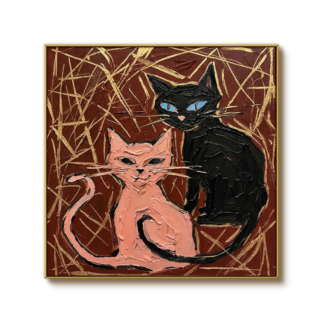 colorful graphic cat wall art in pink black and deep burgundy on a clean white background