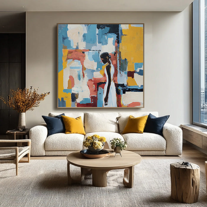 Vibrant Contemplation framed portrait canvas print styled in a modern room