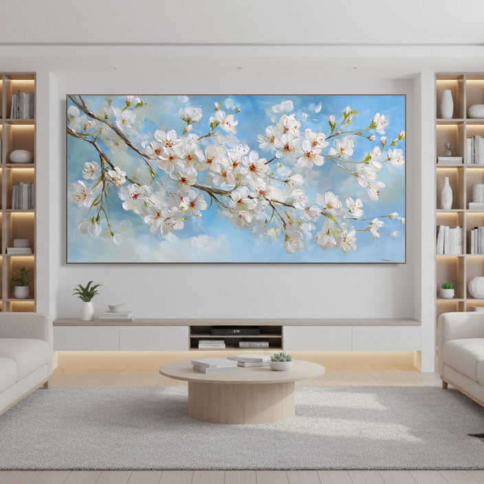 Vitality on the Branch large horizontal cherry blossom branch wall art by Hues Art Lab
