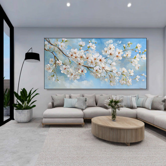 Vitality on the Branch framed horizontal floral canvas print in a modern room