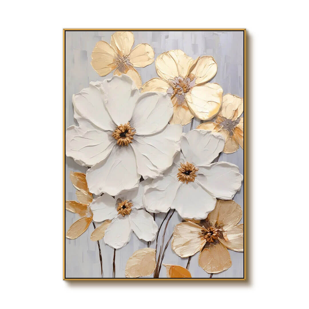 White and Gold Abstract Floral Oil Painting - Textured Hand-Painted Wall Art for Home Decor   - Vivacious Bloom - Hues Art Lab