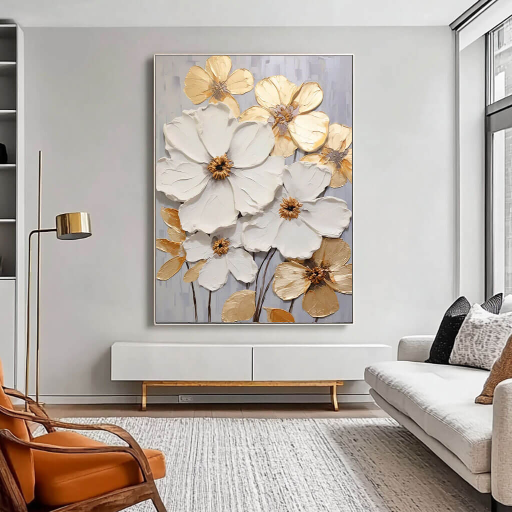 White and Gold Abstract Floral Oil Painting - Textured Hand-Painted Wall Art for Home Decor   - Vivacious Bloom - Hues Art Lab