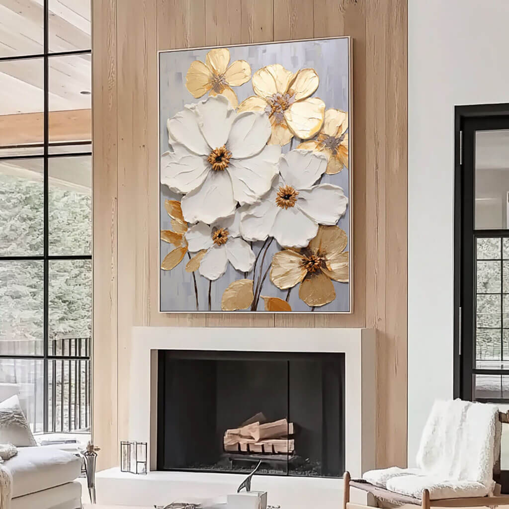 White and Gold Abstract Floral Oil Painting - Textured Hand-Painted Wall Art for Home Decor   - Vivacious Bloom - Hues Art Lab