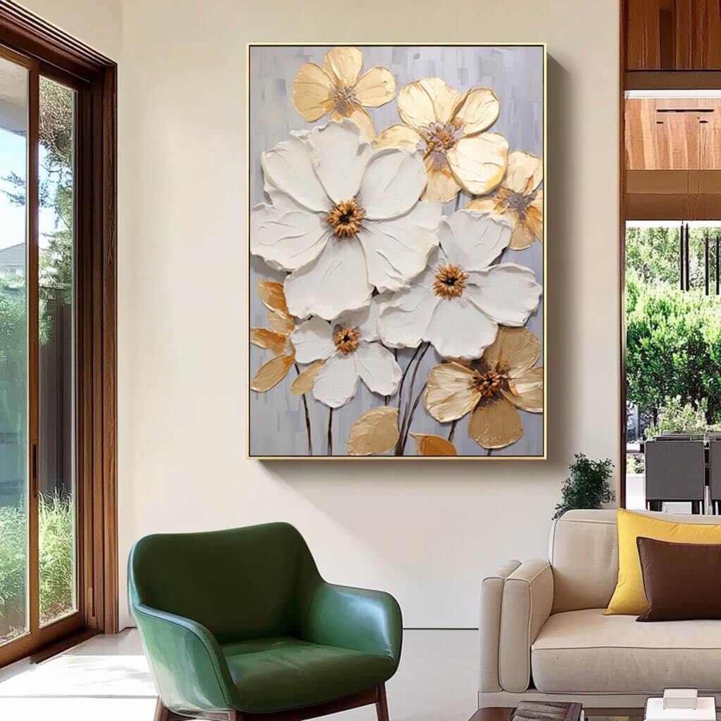 White and Gold Abstract Floral Oil Painting - Textured Hand-Painted Wall Art for Home Decor   - Vivacious Bloom - Hues Art Lab