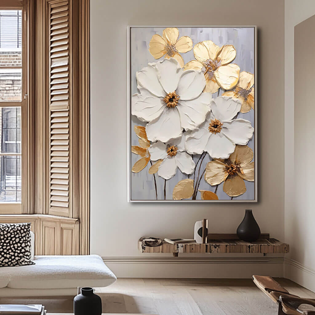 White and Gold Abstract Floral Oil Painting - Textured Hand-Painted Wall Art for Home Decor   - Vivacious Bloom - Hues Art Lab