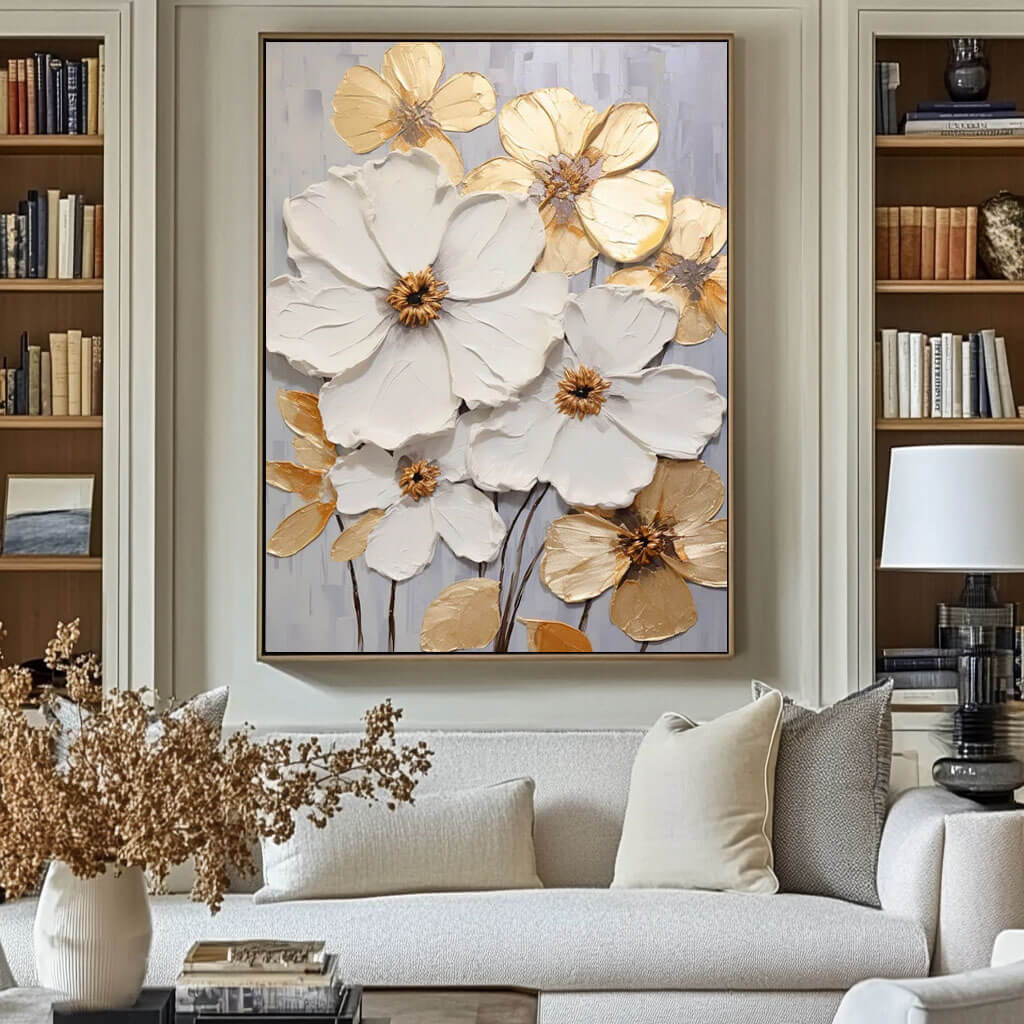 White and Gold Abstract Floral Oil Painting - Textured Hand-Painted Wall Art for Home Decor   - Vivacious Bloom - Hues Art Lab