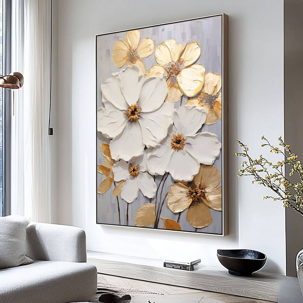 White and Gold Abstract Floral Oil Painting - Textured Hand-Painted Wall Art for Home Decor   - Vivacious Bloom - Hues Art Lab