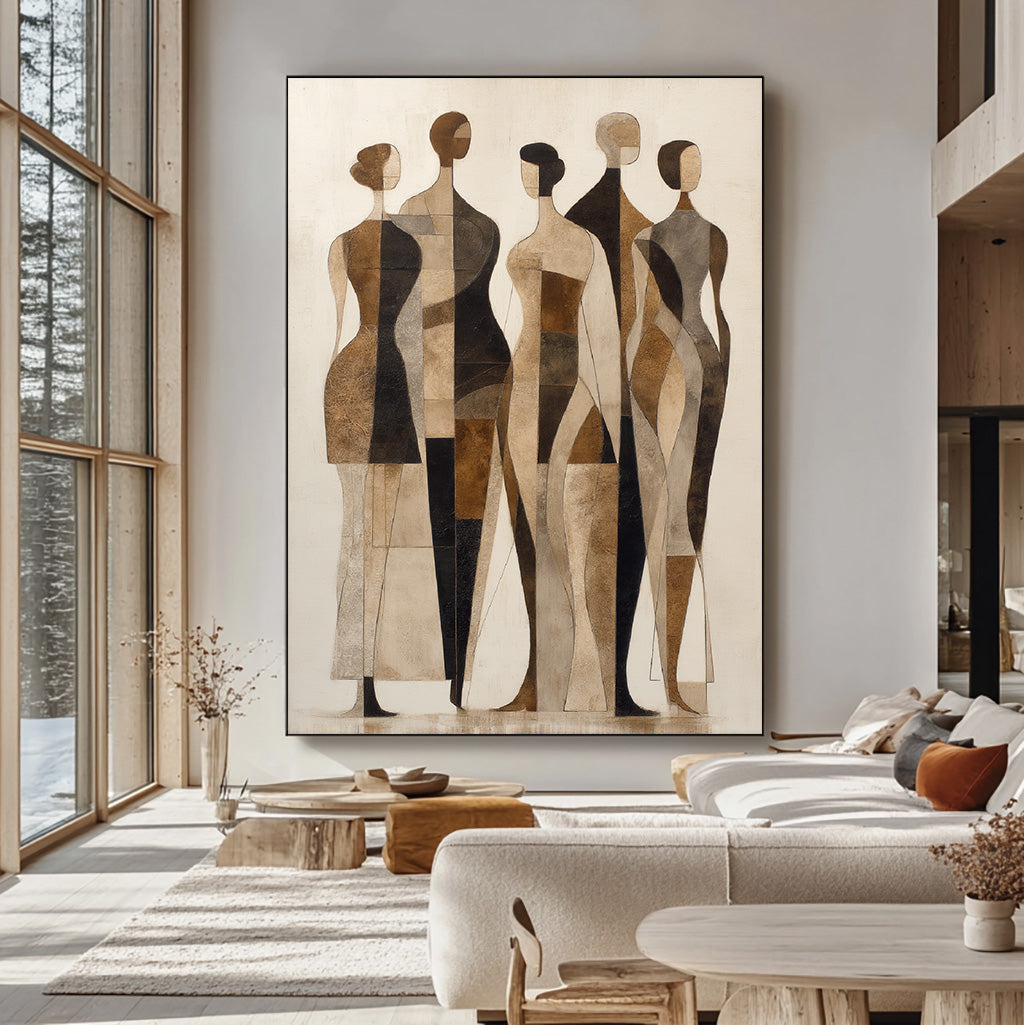 Walking Silhouettes abstract geometric figure group oil painting by Hues Art Lab