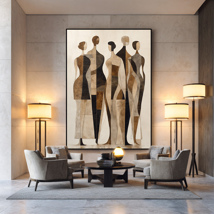 Walking Silhouettes oil painting with moving figures and muted geometry