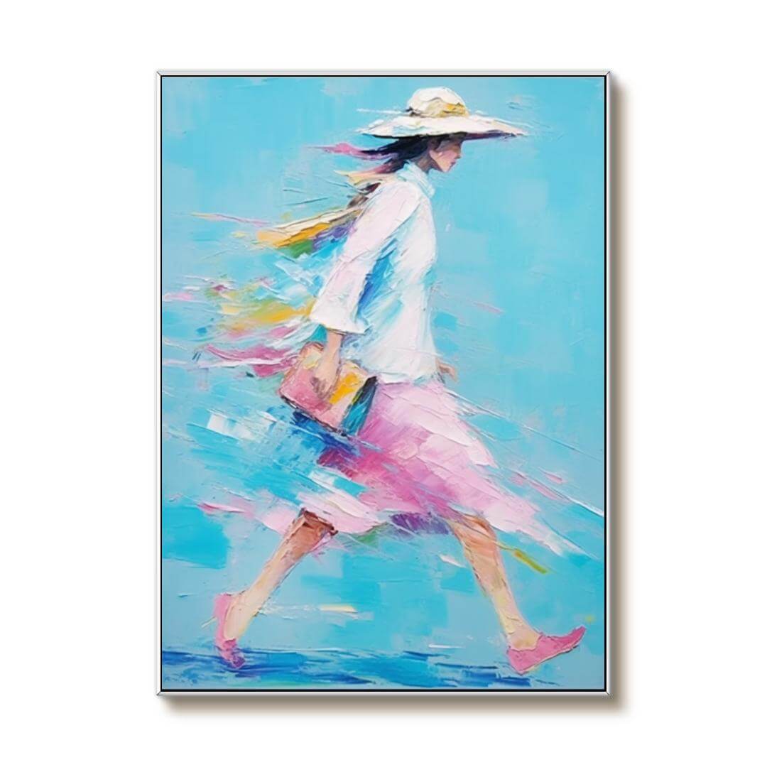 Blue Abstract Figure Oil Painting - Walking Woman - Hues Art Lab