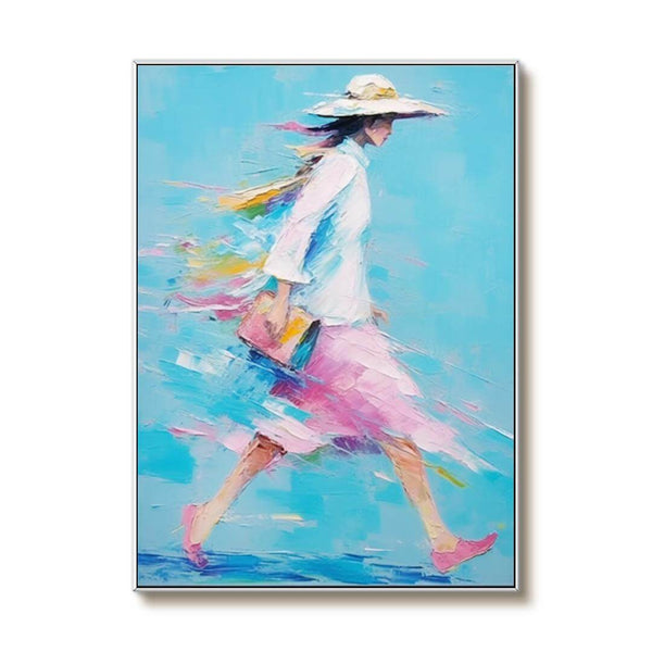 Blue Abstract Figure Oil Painting - Walking Woman - Hues Art Lab