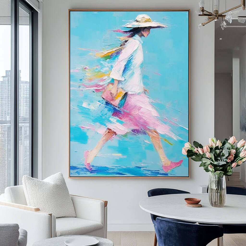 Blue Abstract Figure Oil Painting - Walking Woman - Hues Art Lab