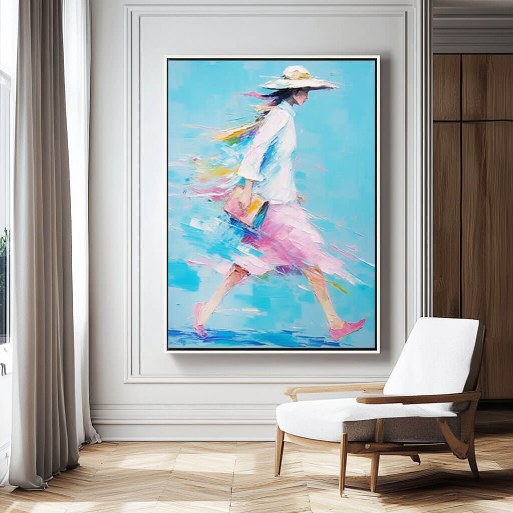 Blue Abstract Figure Oil Painting - Walking Woman - Hues Art Lab