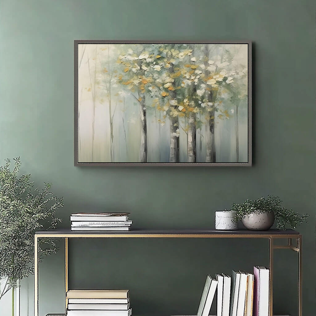 Misty Forest Landscape Art - Serene Nature Wall Decor - Whispering Trees - Hues Art Lab