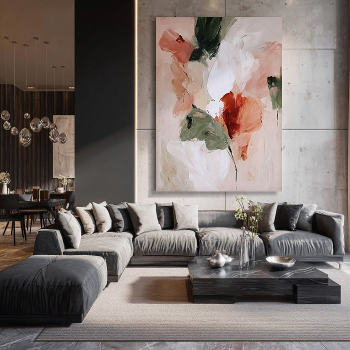 Whispers of Petals framed floral canvas print styled in a modern room