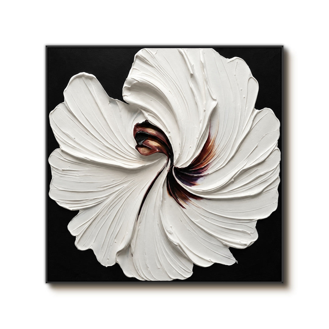 3D textured white floral wall art on black with sculptural petals on a clean white background