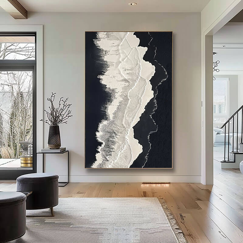 Large Abstract Textured Wall Art - White Foam, Black Sand I - Hues Art Lab