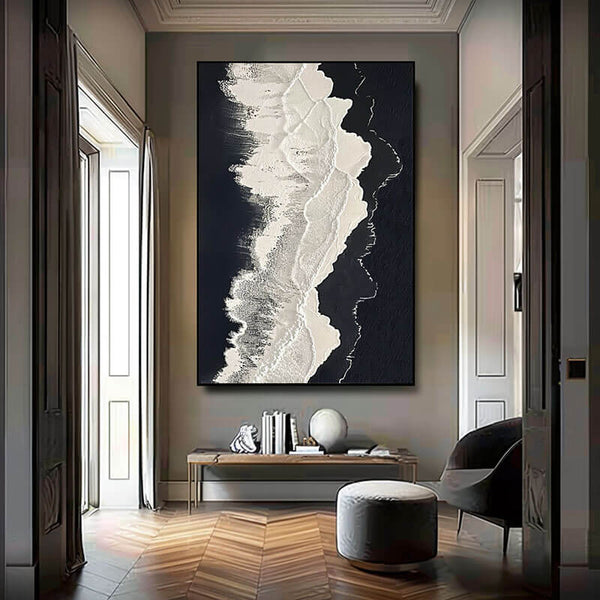 Large Abstract Textured Wall Art - White Foam, Black Sand I - Hues Art Lab