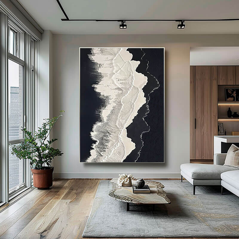 Large Abstract Textured Wall Art - White Foam, Black Sand I - Hues Art Lab