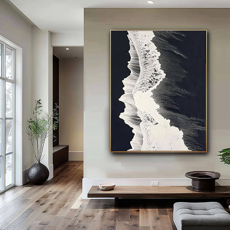 Large Abstract Textured Wall Art - White Foam, Black Sand - Hues Art Lab