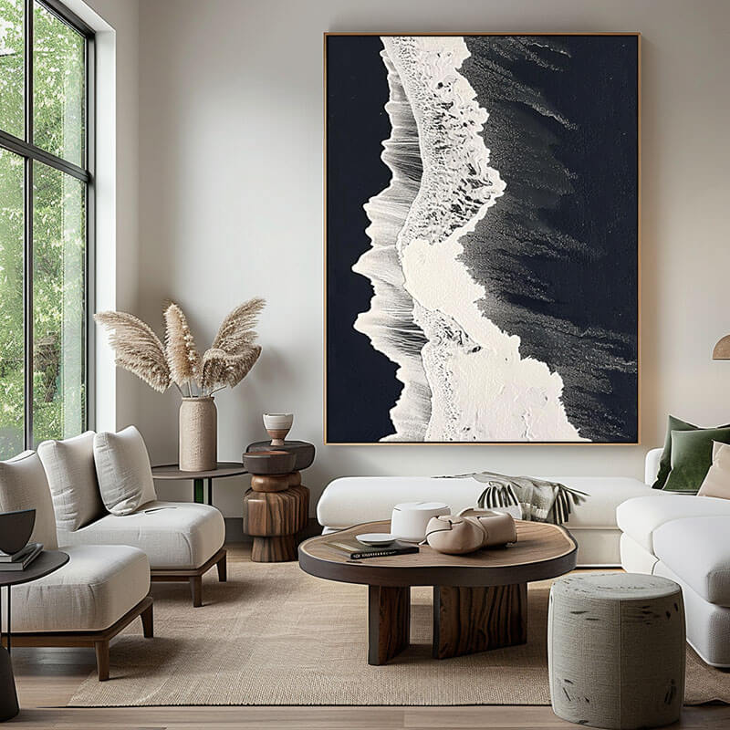 Large Abstract Textured Wall Art - White Foam, Black Sand - Hues Art Lab