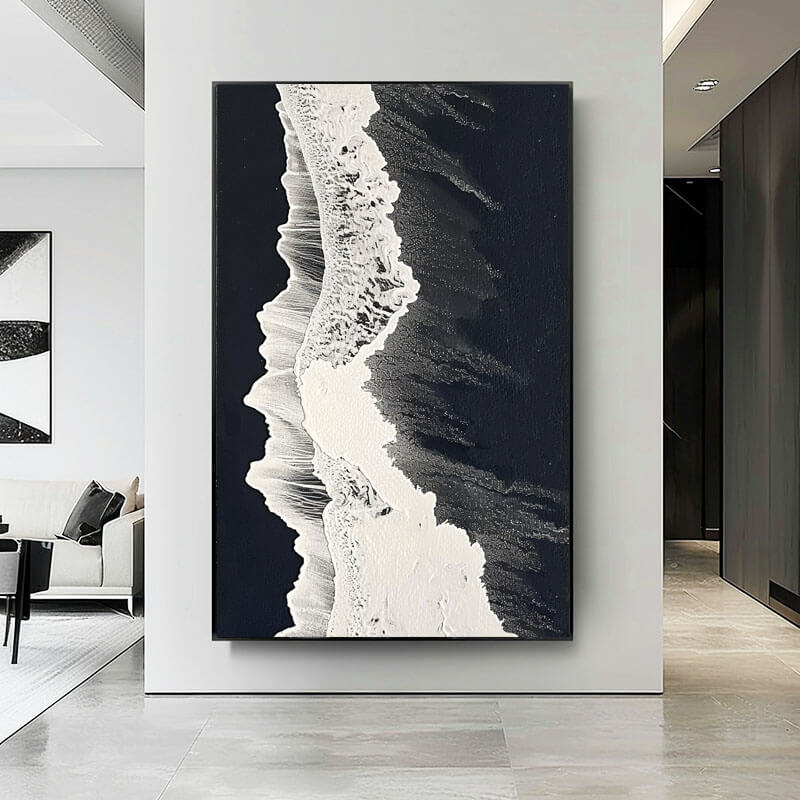 Large Abstract Textured Wall Art - White Foam, Black Sand - Hues Art Lab