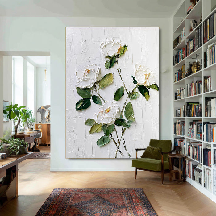 White Gentleness modern impasto white rose wall art by Hues Art Lab