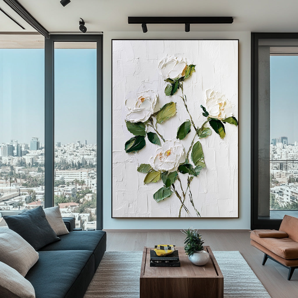 White Gentleness framed white floral canvas print in a serene room