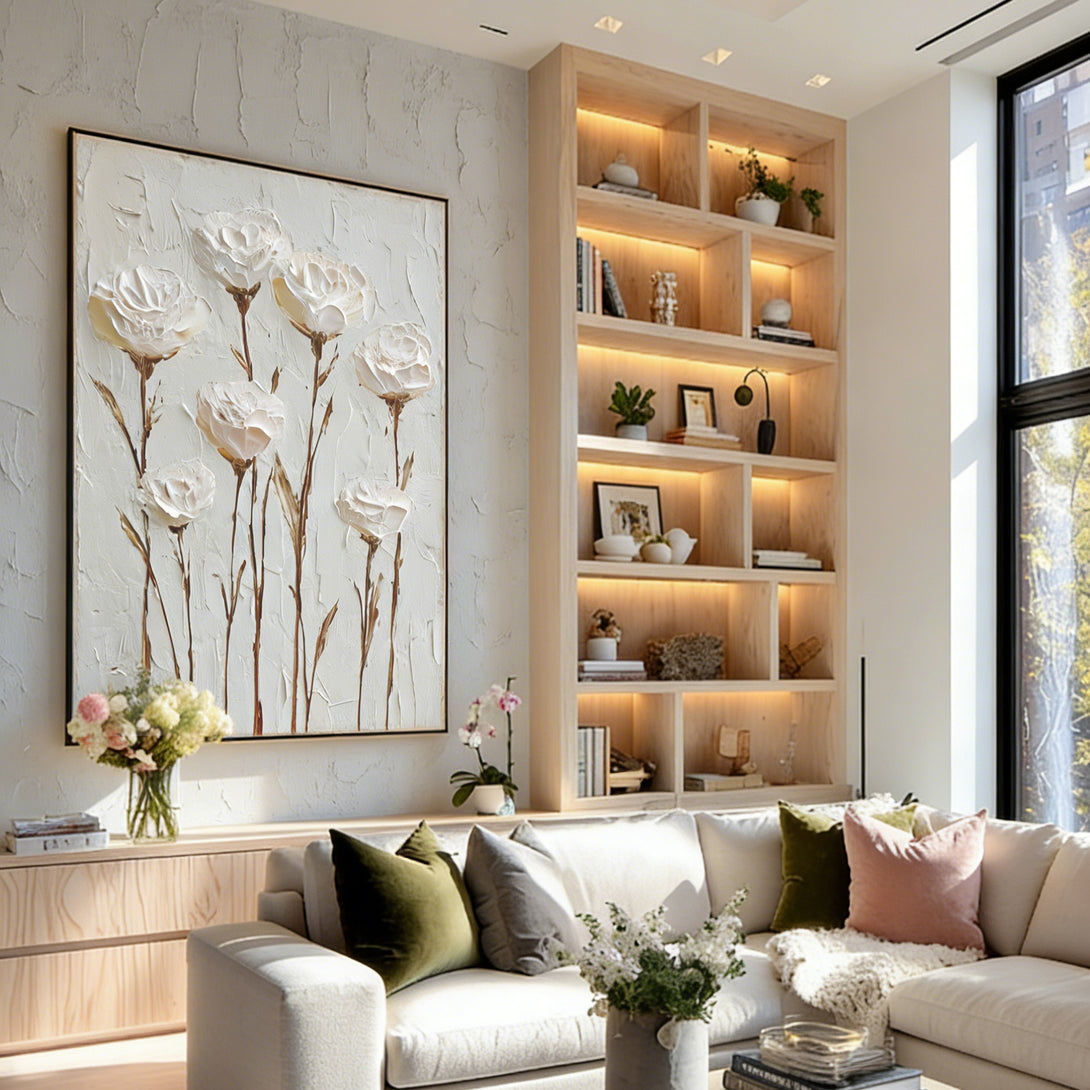 Hand-Painted Textured Relief White Floral Art - Cream Minimalist Canvas Wall Decor - White Silence - Hues Art Lab