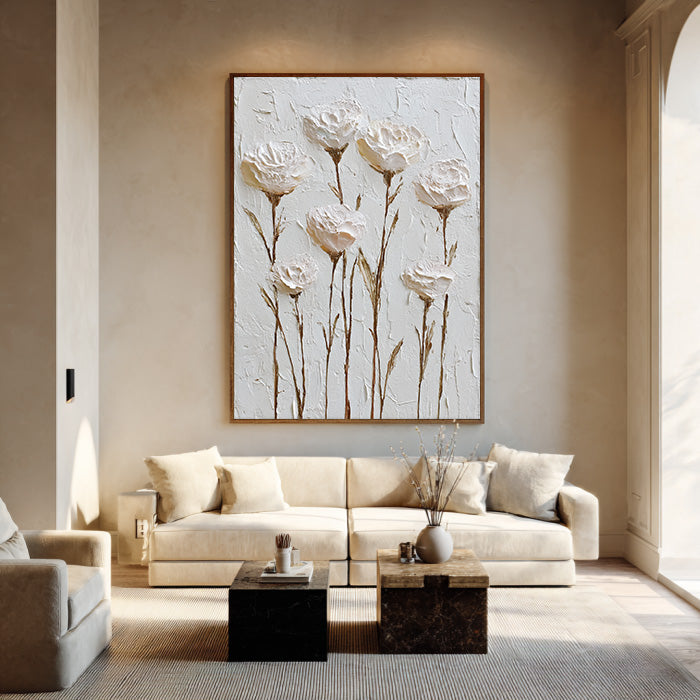 Hand-Painted Textured Relief White Floral Art - Cream Minimalist Canvas Wall Decor - White Silence - Hues Art Lab