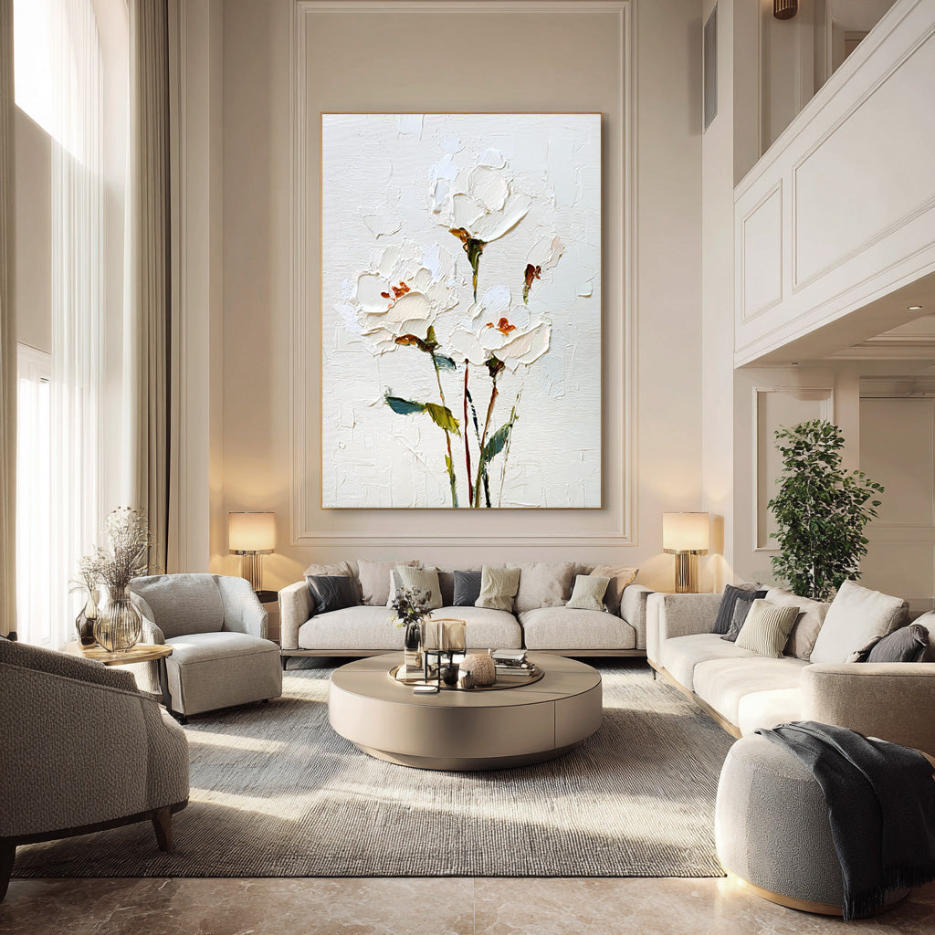 White Whispers framed cream canvas print styled in a serene room