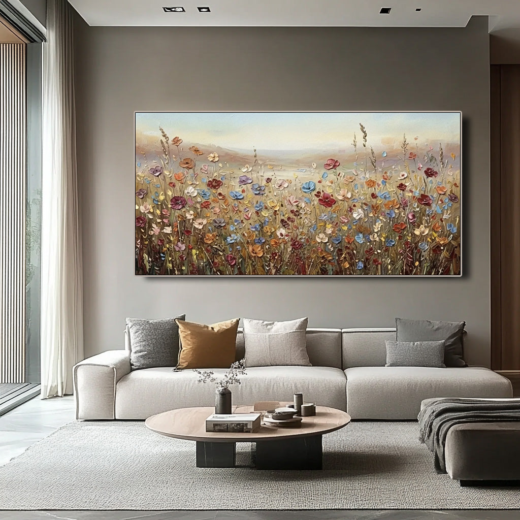 colorful textured wildflower field wall art in a coordinated modern interior