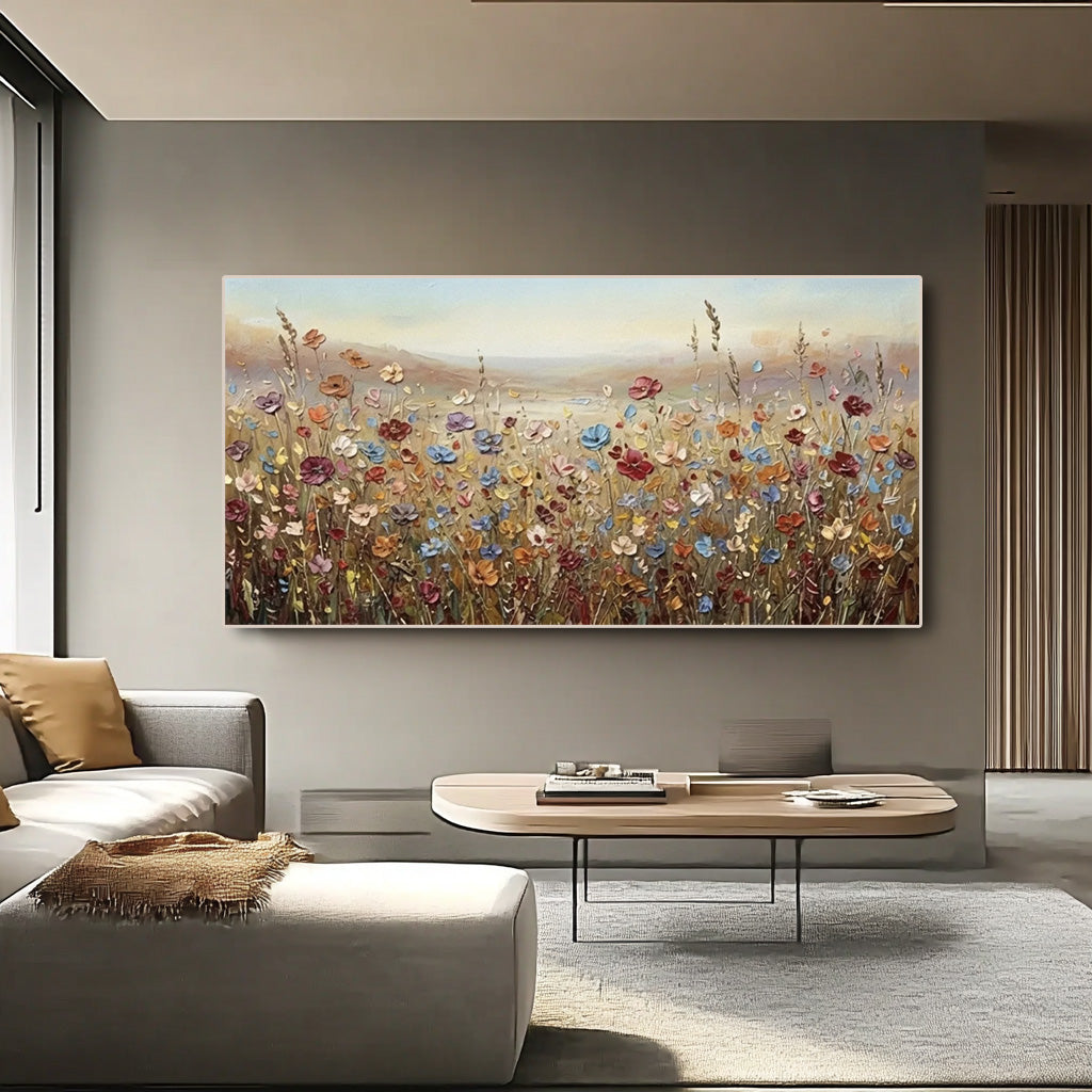 colorful textured wildflower field wall art in a coordinated modern interior