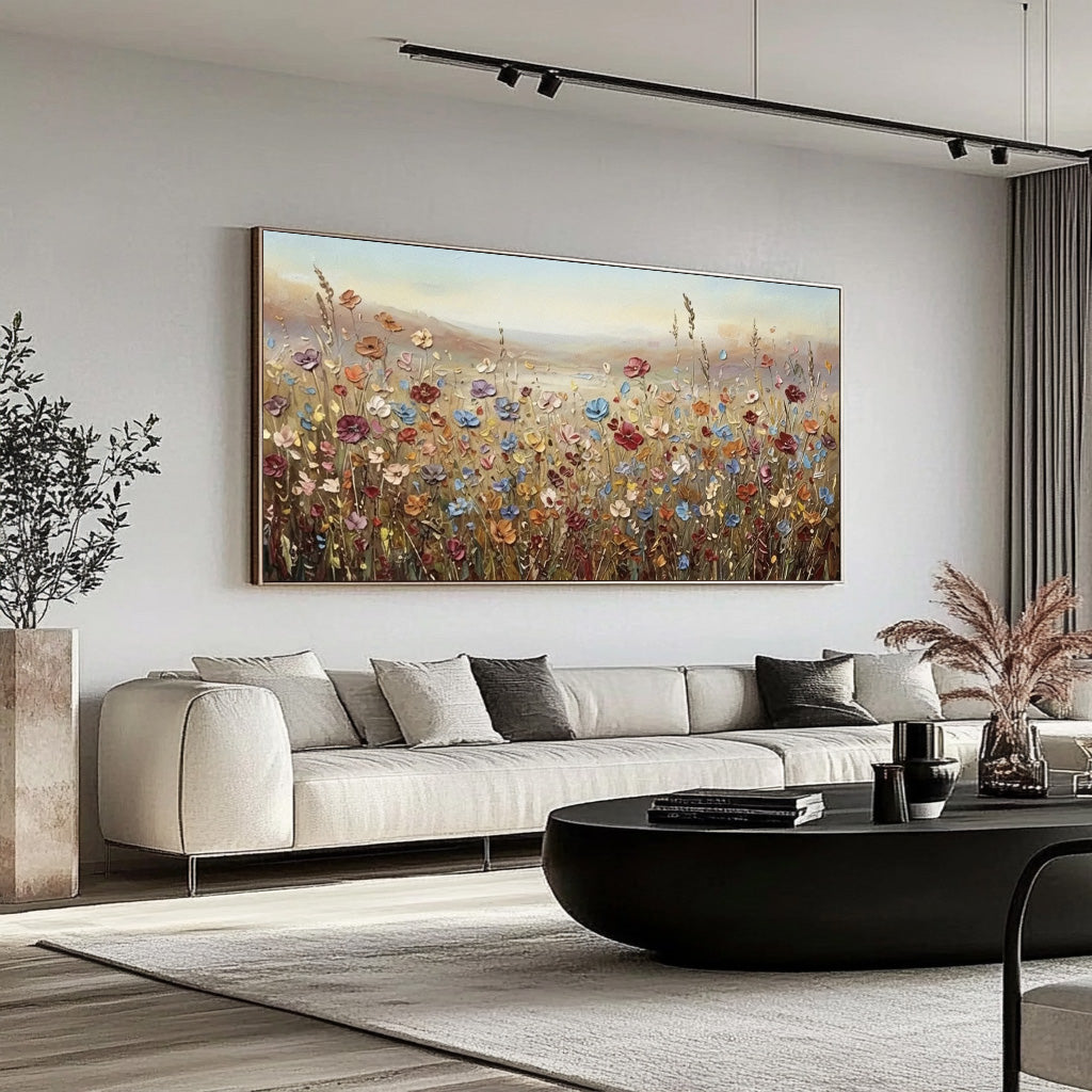 colorful textured wildflower field wall art in a coordinated modern interior