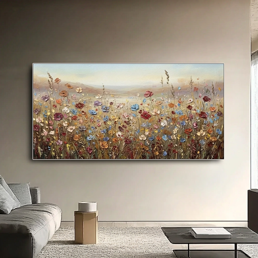 colorful textured wildflower field wall art displayed in a styled living room