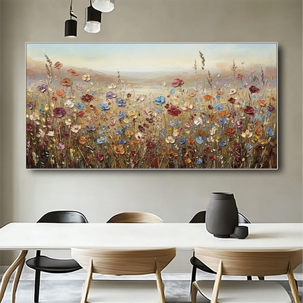 colorful textured wildflower field wall art in a coordinated modern interior