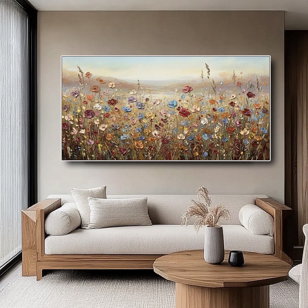 colorful textured wildflower field wall art in a coordinated modern interior
