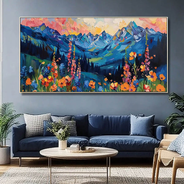 Colorful Wild Valley Landscape Acrylic Oil Painting - Large Hand-Painted Canvas Wall Art for Living Room - Wildflowers in Bloom - Hues Art Lab