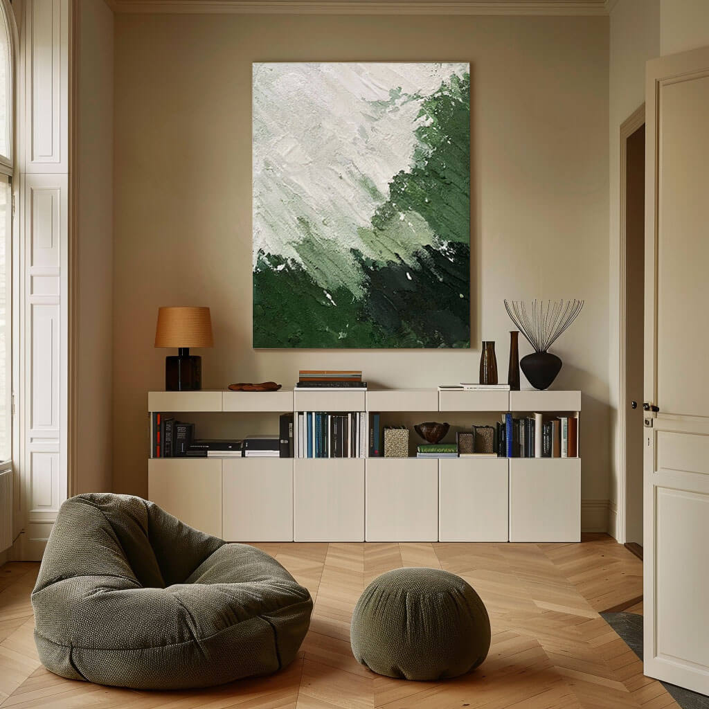 Winds - Green and White Textured Abstract Wall Art - Hues Art Lab