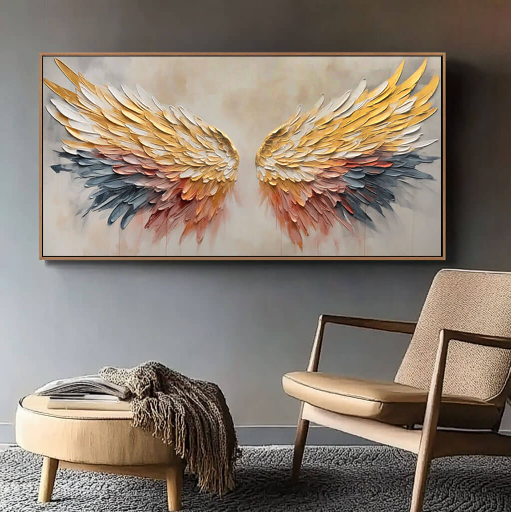 3D Textured Angel Wings Colorful Oil Painting - Large Wall Art for Modern Living Room - Wings - Hues Art Lab