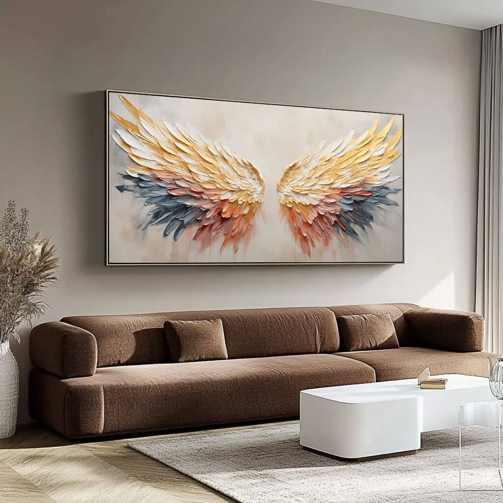 3D Textured Angel Wings Colorful Oil Painting - Large Wall Art for Modern Living Room - Wings - Hues Art Lab