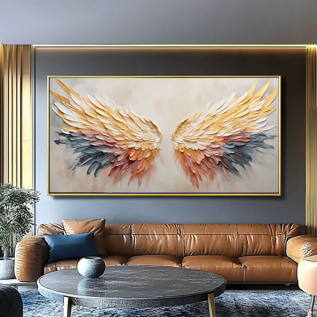 3D Textured Angel Wings Colorful Oil Painting - Large Wall Art for Modern Living Room - Wings - Hues Art Lab