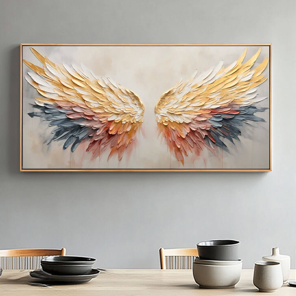 3D Textured Angel Wings Colorful Oil Painting - Large Wall Art for Modern Living Room - Wings - Hues Art Lab