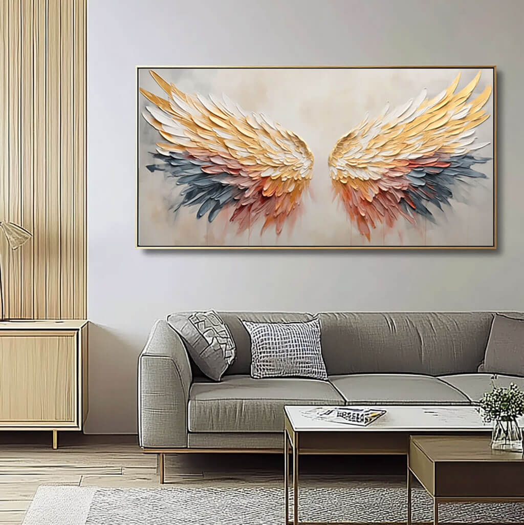 3D Textured Angel Wings Colorful Oil Painting - Large Wall Art for Modern Living Room - Wings - Hues Art Lab