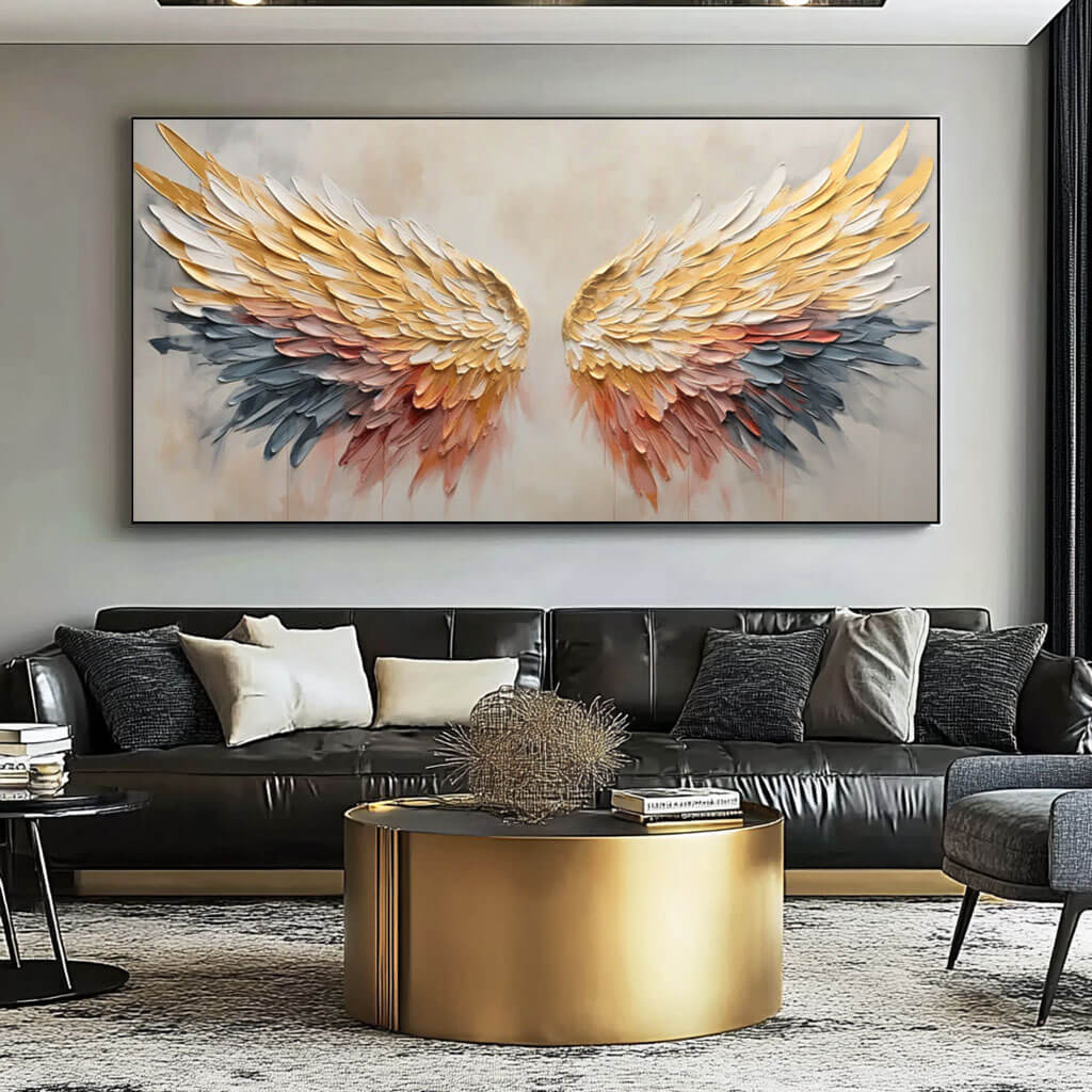 3D Textured Angel Wings Colorful Oil Painting - Large Wall Art for Modern Living Room - Wings - Hues Art Lab