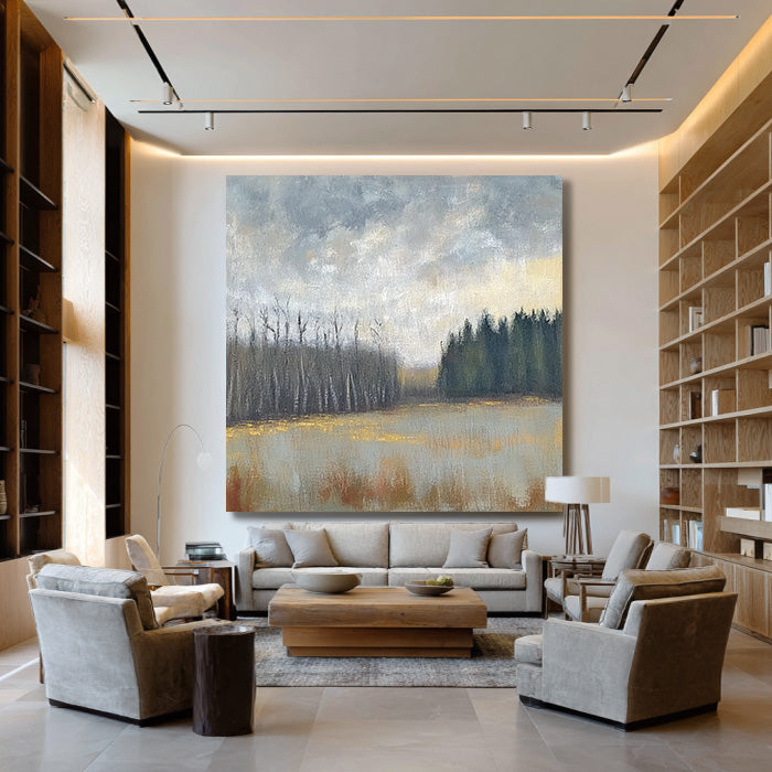 Woodland Solitude modern impressionist forest landscape wall art by Hues Art Lab