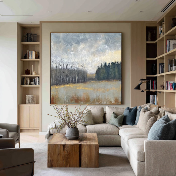 Woodland Solitude framed forest canvas print styled in a modern room